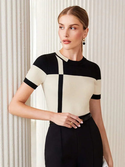 Two Tone Knit Top Short Sleeve Casual Effortless Style