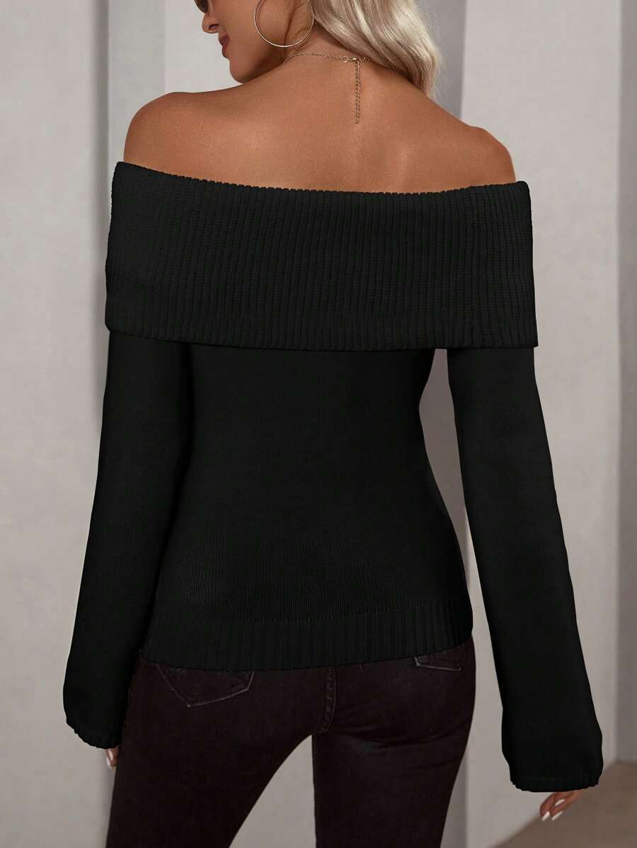Off Shoulder Foldover Ribbed Knit Jumper
