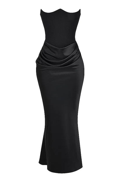 Strapless Corset Bustier Draped Ruched Waist Satin Column Maxi Gown