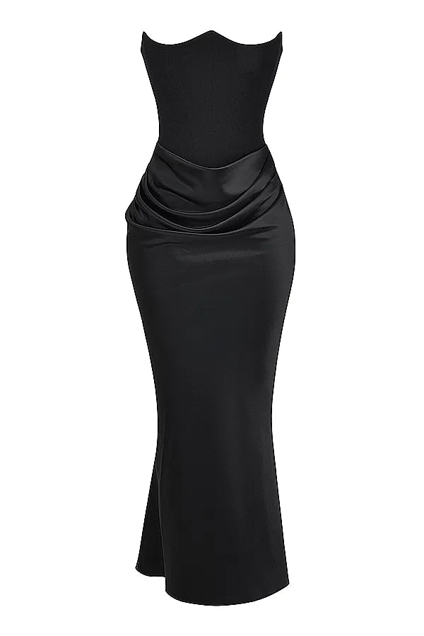 Strapless Pointed Sweetheart Corset Ruched Waist Column Maxi Gown