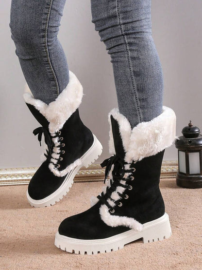 Fall/Winter Thick Sole Mid-Calf Lace-Up Snow Boots For Women, Warm Plush Lined, European Style, Fits Large Sizes,Fur Boots