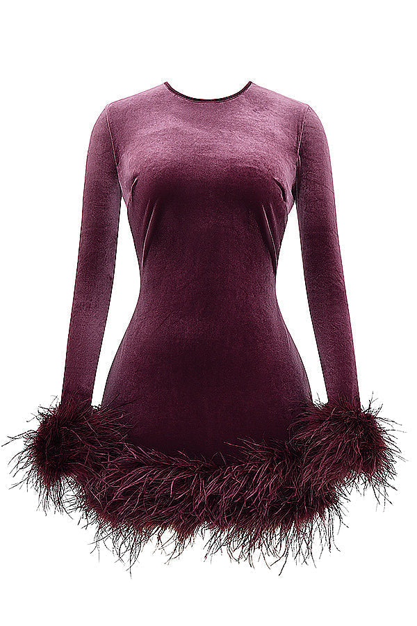 Velvet Long Sleeve Feather Trim Bodycon Mini Cocktail Dress