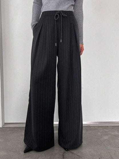 Minimalist Wide Leg Pants For Women Casual Solid Color Long Loose Mid Waist Trousers