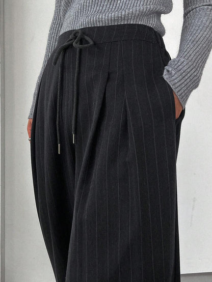 Minimalist Wide Leg Pants For Women Casual Solid Color Long Loose Mid Waist Trousers