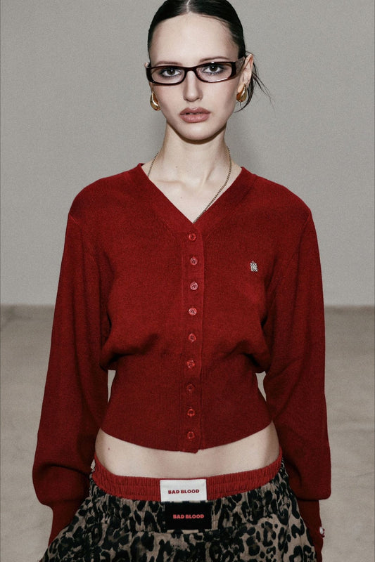 Red V Neck Knit Cardigan Blouse