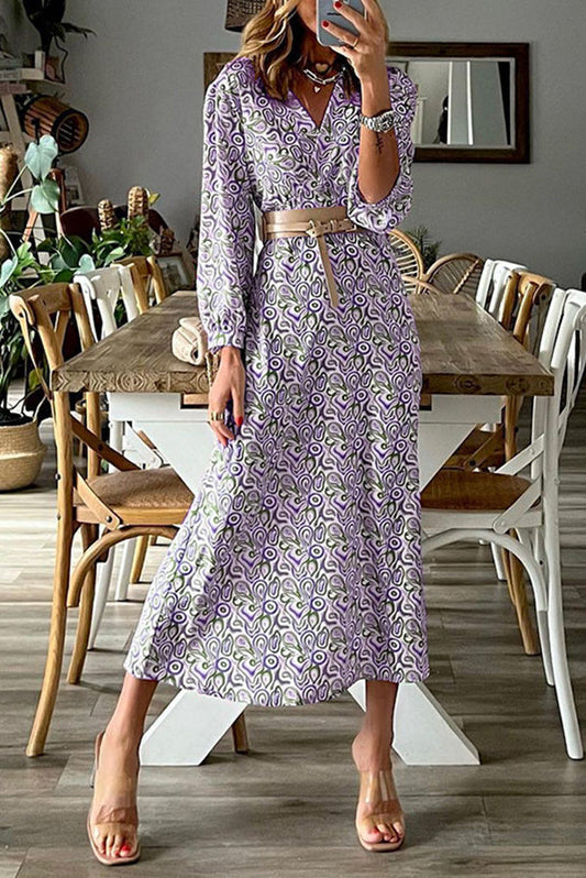 V-neck Multi Print Midi Dress