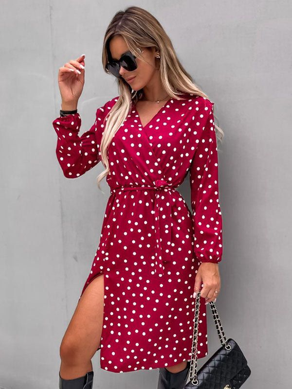 Polka Dot Lace Up Sexy V-Neck Long Sleeves Midi Dress