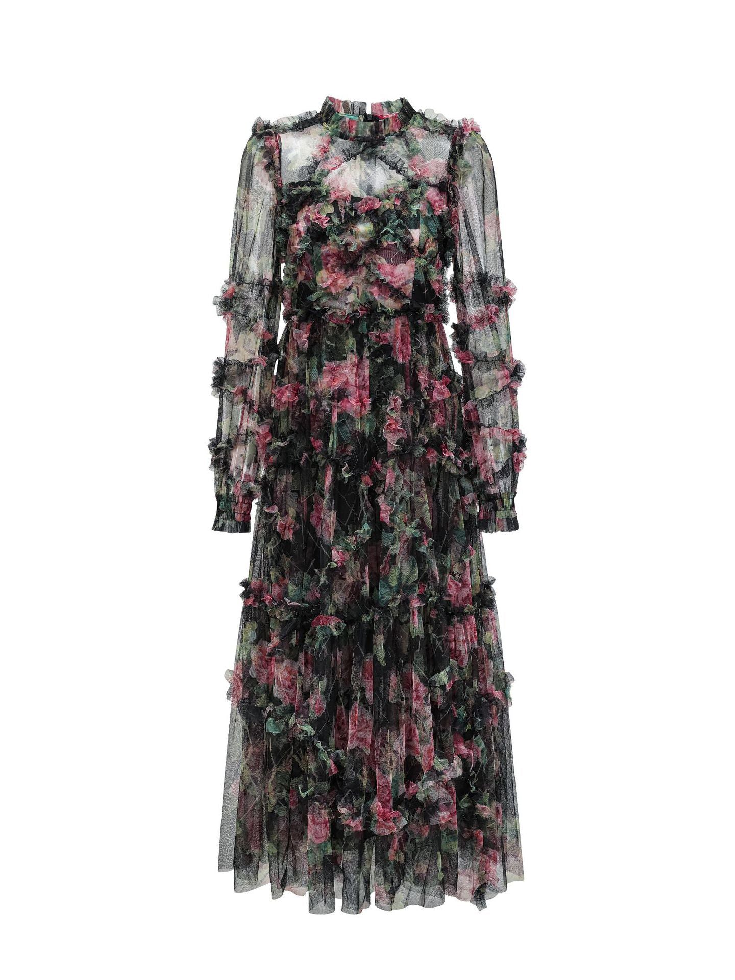 Floral Dress Illusion Neck And Sleeves High Collar Teried Party Maxi Dresses