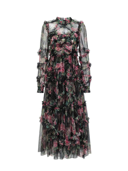 Floral Dress Illusion Neck And Sleeves High Collar Teried Party Maxi Dresses