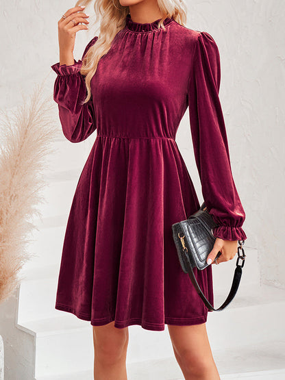 A-Line High Waisted Hollow Ruffled Solid Color Velvet Mock Neck Mini Dresses