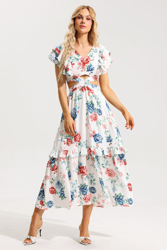 Floral Agaric Lace V-Neck Cut-Out Midi Dress