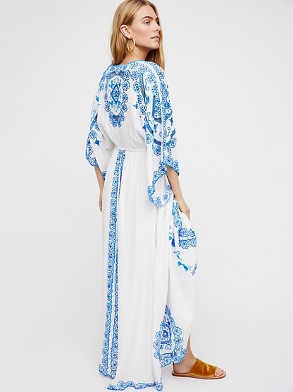 Boho Maxi Dress V Neck Long Sleeves Embroidered Summer Dress