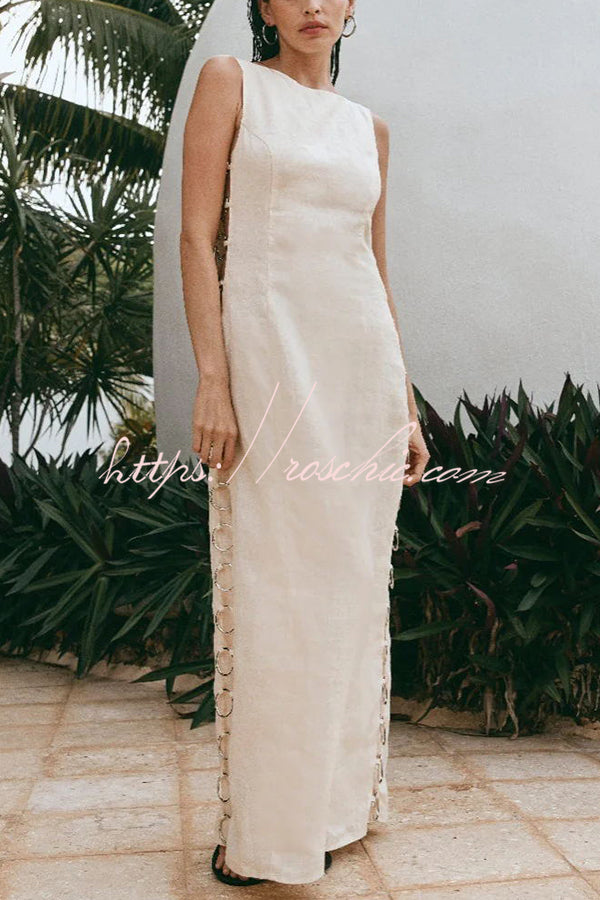 Glimmer of Hope Linen Blend Unique Print Side Hollow Ring Design Maxi Dress