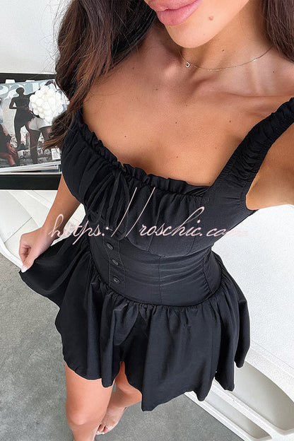 Summer Solid Color Elastic Shoulder Straps and Front Tie Mini Dress