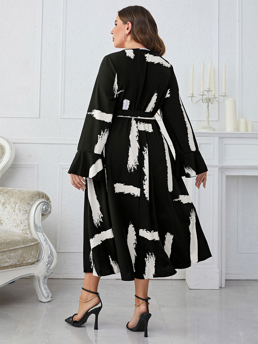 Plus Size Dress Long Sleeves V-Neck Belted Knotted Casual Midi Dresses
