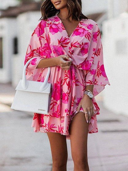 A-Line High Waisted Double Layered Elasticity Flower Print V-Neck Mini Dresses