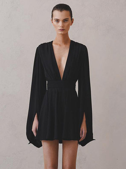 Skater Dresses V-Neck Long Sleeves Pleated Sexy Flared Dress Mini Dresses