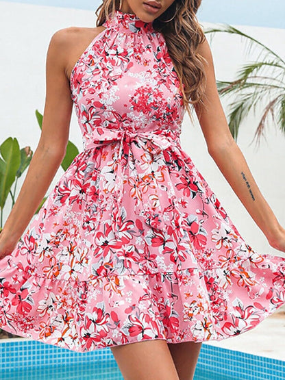 Floral Print Short Dress With Tie-up Ruffles And A Full Skirt