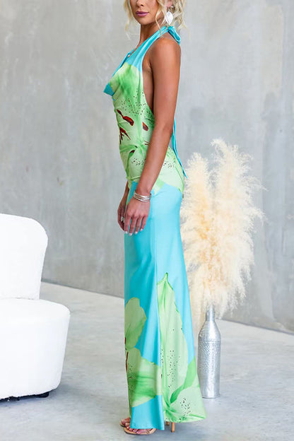 Halter Cowl Neck Backless Floral Print Satin Maxi Dress