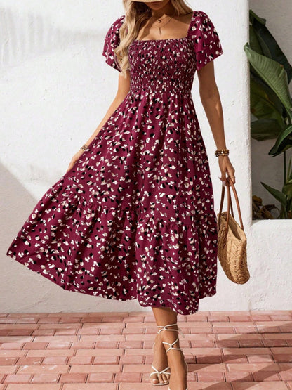 Floral Short Sleeve Square Collar Ruffle Vacation And Leisure Maxi Dresses