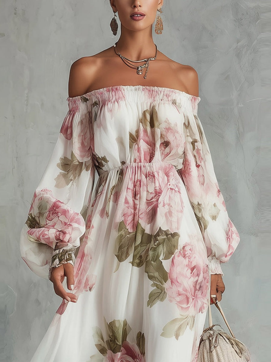 Off Shoulder Balloon Sleeve All-over Print Maxi Dresses