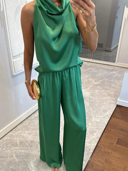 Swing Collar Sleeveless Top Straight-leg Trousers Set 2-piece Sets