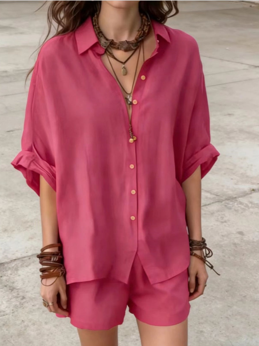 Blended Loose-fit Mid-length Sleeves Shirts Shorts Set 2-piece Sets