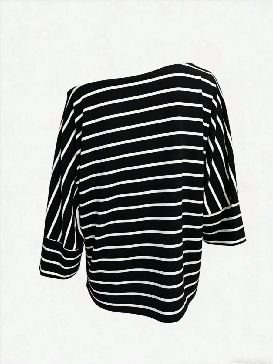 Off-shoulder Sloping Shoulders Loose-fit Stripes Commuting T-shirts