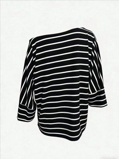 Off-shoulder Sloping Shoulders Loose-fit Stripes Commuting T-shirts