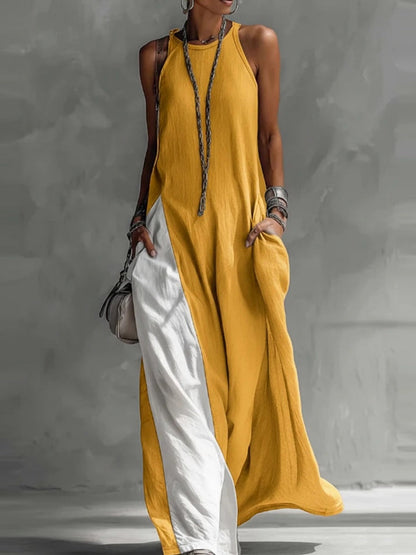 Sleeveless Loose-fit Pocket Color-blocked Leisure Off-shoulder Maxi Dresses