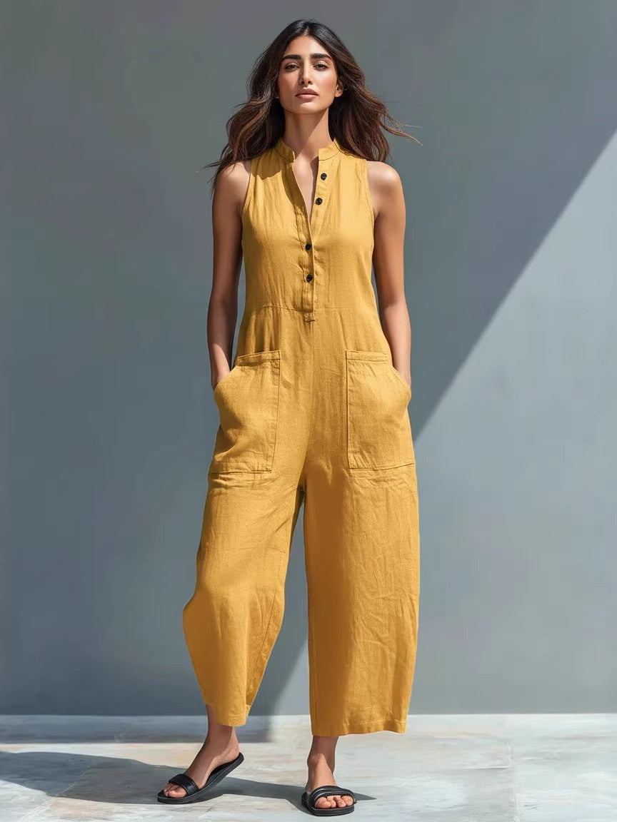 Simple Linen Blend Button-down Stand Collar Sleeveless Loose-fitting Jumpsuit
