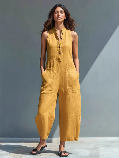 Simple Linen Blend Button-down Stand Collar Sleeveless Loose-fitting Jumpsuit