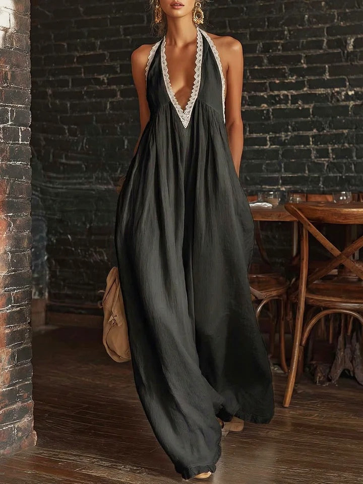 Elegant And Comfortable Lace-trimmed Loose Linen Jumpsuit