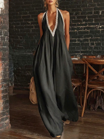 Elegant And Comfortable Lace-trimmed Loose Linen Jumpsuit