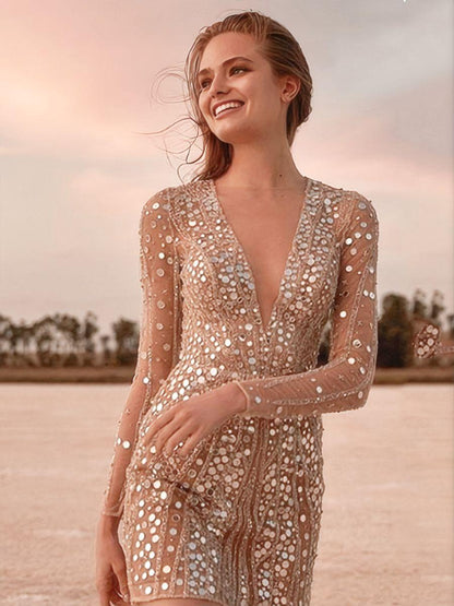Deep V Long Sleeve Polka Dot Sequins Mini&Short Dresses