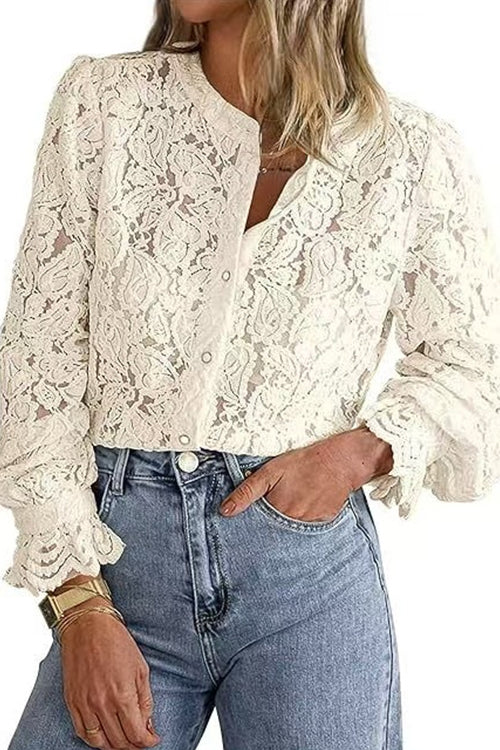 Margovil Ruffle Long Sleeves Button Up Lace Shirt