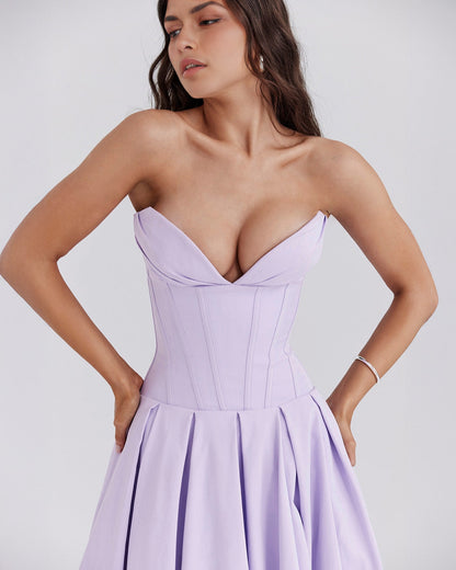 Strapless Corset Plunging Sweetheart Neck Pleated Full Skirt Pocket Midi Dress