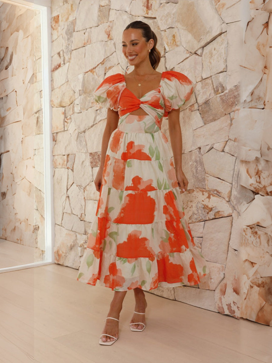 Printed Puff Sleeve Sweetheart Collar Vacation Maxi Dresses