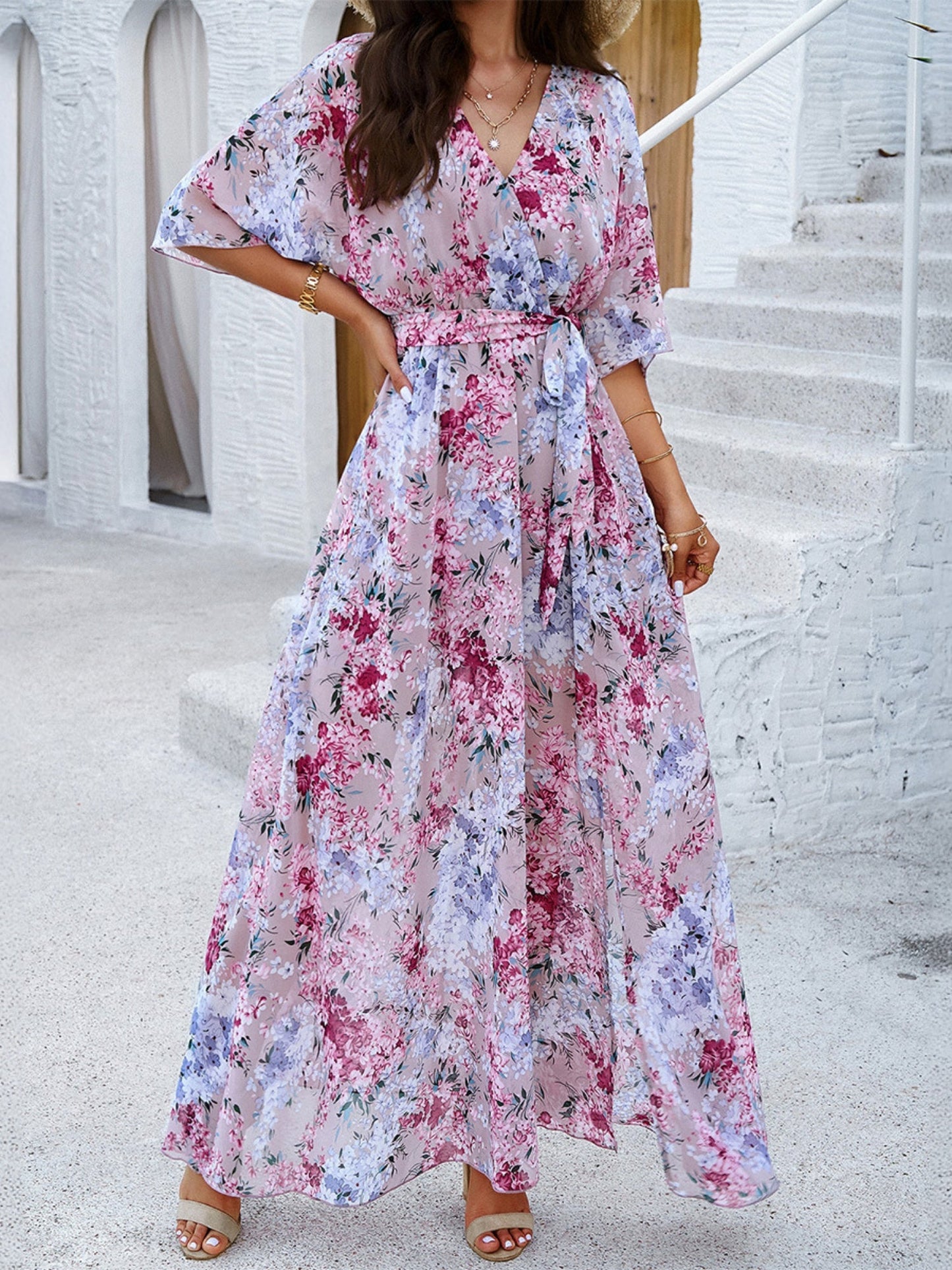 Printed Straps V-neck Short Sleeve Slit Maxi Dresses
