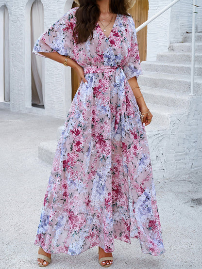 Printed Straps V-neck Short Sleeve Slit Maxi Dresses