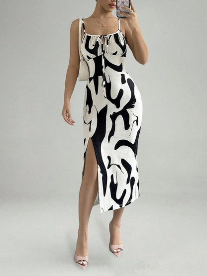 Zebra Print Sexy Vacation-style Slip Dress With Slit Midi Dress