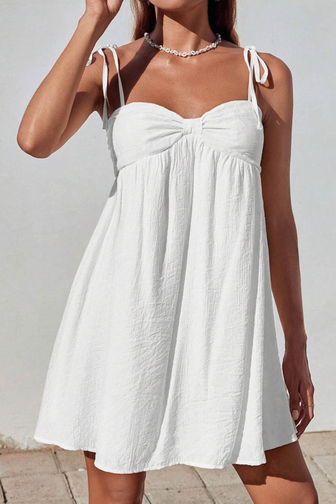 Tie Shoulder Sweetheart Crinkled Texture Babydoll Mini Dress