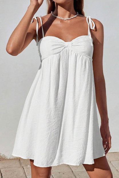 Tie Shoulder Sweetheart Crinkled Texture Babydoll Mini Dress