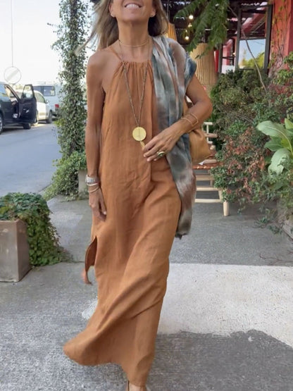 Halter Neck Slit Cotton And Linen Long Dress For Casual Vacations