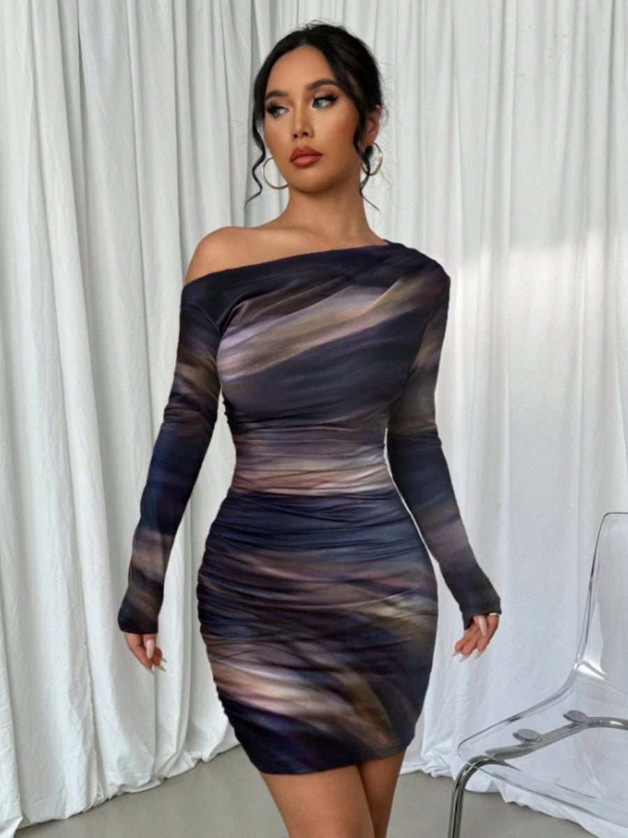 Pleated Slim-fit Hip-hugging Slant Collar Printed Mini&Short Dresses