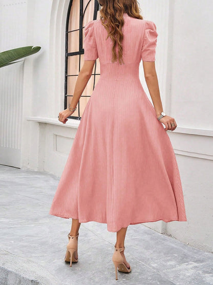 Pleated Waist Short Sleeve Maxi Dresses