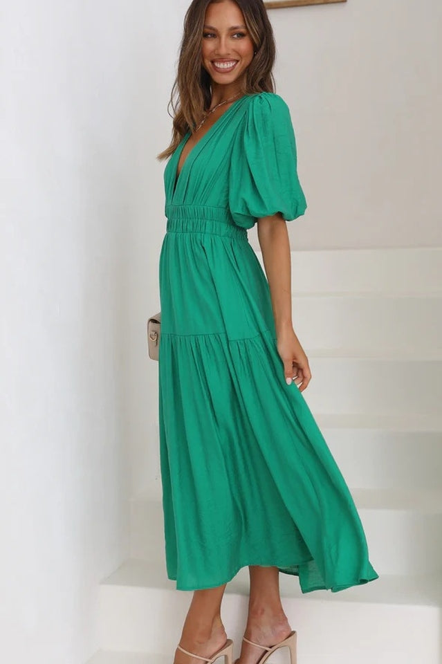 V Neck Puff Sleeve Smocked Empire Waist Tiered Midi Dress