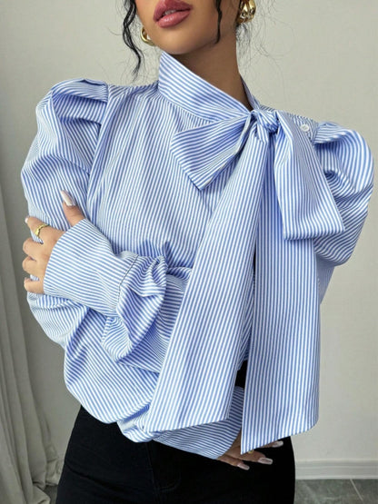 Puff Sleeve Bow Ribbon Stripes Leisure Shirts