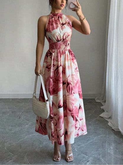 Printed Halter Sleeveless Vacation And Leisure Maxi Dresses
