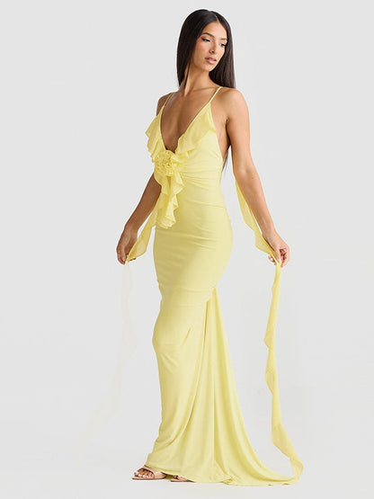 V-neck, Backless, Fitted, Fishtail Maxi Dress